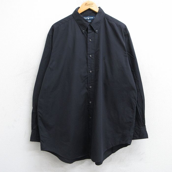 XL★古着 ラルフローレン Ralph Lauren 長袖 ブランド シャツ メンズ 90年代 90s ワンポイントロゴ YARMOUTH 大きいサイズ ロング丈 コットン ボタンダウン 黒 ブラック 25jun11 中古 トップス