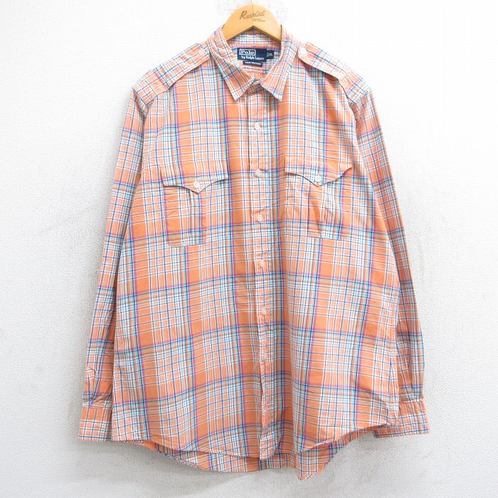 【50%OFF】XL★古着 ラルフローレン Ralph Lauren 長袖 ブランド シャツ メンズ 90年代 90s TRIM MILITARY 大きいサイズ コットン オレンジ他 チェック 25jun11 中古 トップス