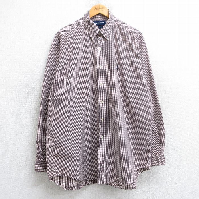 【50%OFF】XL★古着 ラルフローレン Ralph Lauren 長袖 ブランド シャツ メンズ 90年代 90s ゴルフ ワンポイントロゴ TILDEN 大きいサイズ ロング丈 コットン ボタンダウン 茶他 ブラウン チェック 25jun11 中古 トップス