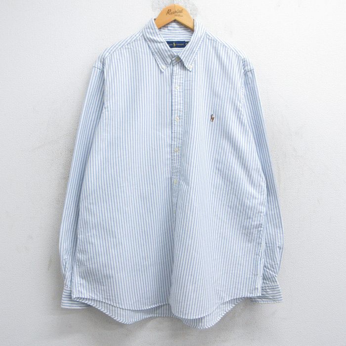 XL★古着 ラルフローレン Ralph Lauren 長袖 ブランド シャツ メンズ ワンポイントロゴ オックスフォード 大きいサイズ ロング丈 コットン ボタンダウン 薄紺他 ネイビー ストライプ 25jun11 中古 トップス