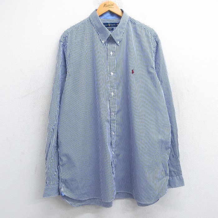 XL★古着 ラルフローレン Ralph Lauren 長袖 ブランド シャツ メンズ ワンポイントロゴ 大きいサイズ ロング丈 コットン ボタンダウン 青他 ブルー ストライプ 25jun13 中古 トップス