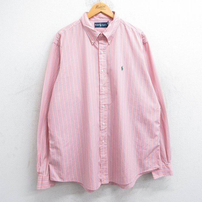 XL★古着 ラルフローレン Ralph Lauren 長袖 ブランド シャツ メンズ 90年代 90s ワンポイントロゴ 大きいサイズ コットン ボタンダウン ピンク他 ストライプ 25jun13 中古 トップス