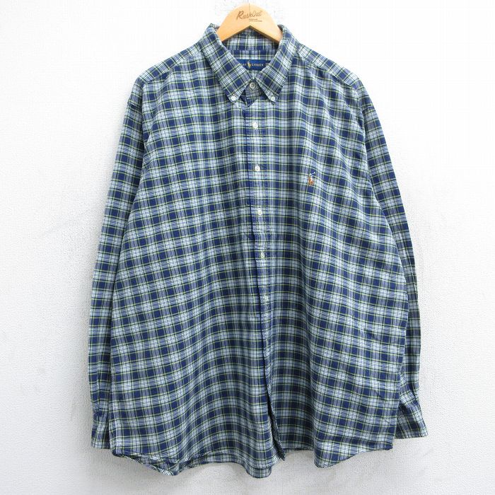 XL★古着 ラルフローレン Ralph Lauren 長袖 ブランド シャツ メンズ ワンポイントロゴ オックスフォード 大きいサイズ コットン ボタンダウン 紺他 ネイビー チェック 25jun13 中古 トップス