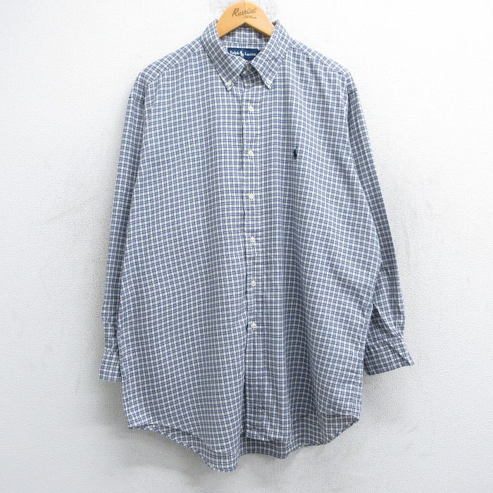 XL★古着 ラルフローレン Ralph Lauren 長袖 ブランド シャツ メンズ 90年代 90s ワンポイントロゴ YARMOUTH 大きいサイズ コットン ボタンダウン 紺他 ネイビー チェック 25jun13 中古 トップス