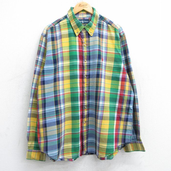 XL★古着 ラルフローレン Ralph Lauren 長袖 ブランド シャツ メンズ 90年代 90s ワンポイントロゴ 大きいサイズ コットン ボタンダウン 緑他 グリーン チェック 25jun13 中古 トップス