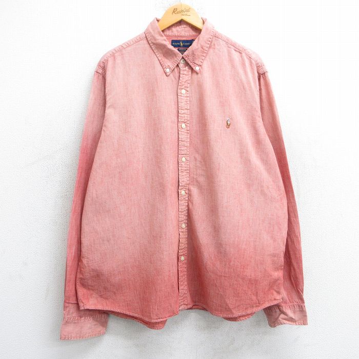 XL★古着 ラルフローレン Ralph Lauren 長袖 ブランド シャツ メンズ ワンポイントロゴ 大きいサイズ コットン ボタンダウン 赤系 レッド 25jun13 中古 トップス