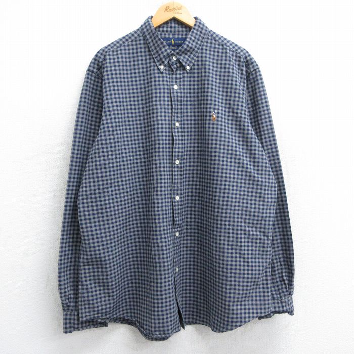 XL★古着 ラルフローレン Ralph Lauren 長袖 ブランド シャツ メンズ ワンポイントロゴ オックスフォード 大きいサイズ ロング丈 コットン ボタンダウン グレー他 チェック 25jun13 中古 トップス