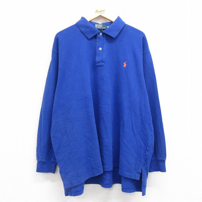 【50%OFF】XL★古着 ラルフローレン Ralph Lauren 長袖 ブランド ポロ シャツ メンズ 90年代 90s ワンポイントロゴ 鹿の子 大きいサイズ コットン 青 ブルー 25jun13 中古 トップス