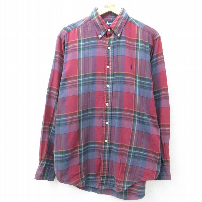 XL★古着 ラルフローレン Ralph Lauren 長袖 ブランド シャツ メンズ 90年代 90s ワンポイントロゴ 大きいサイズ コットン ボタンダウン 赤他 レッド チェック 25jun14 中古 トップス
