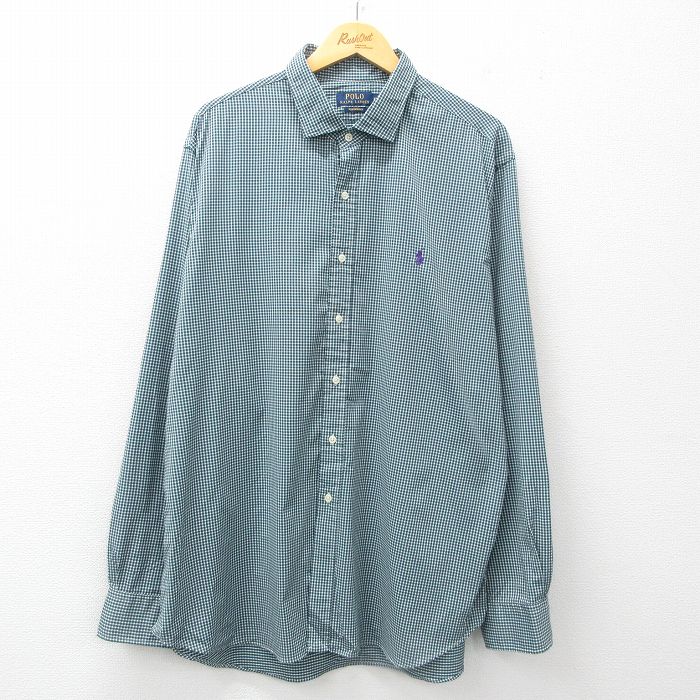 【50%OFF】XL★古着 ラルフローレン Ralph Lauren 長袖 ブランド シャツ メンズ ワンポイントロゴ 大きいサイズ ロング丈 緑他 グリーン チェック 25jun14 中古 トップス