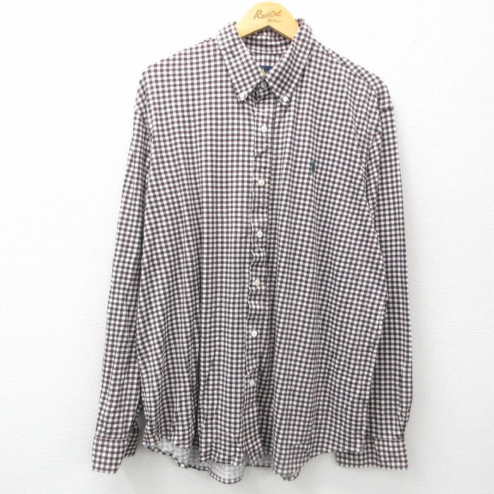 【50%OFF】XL★古着 ラルフローレン Ralph Lauren 長袖 ブランド シャツ メンズ ワンポイントロゴ 大きいサイズ コットン ボタンダウン 茶他 ブラウン チェック 25jun14 中古 トップス
