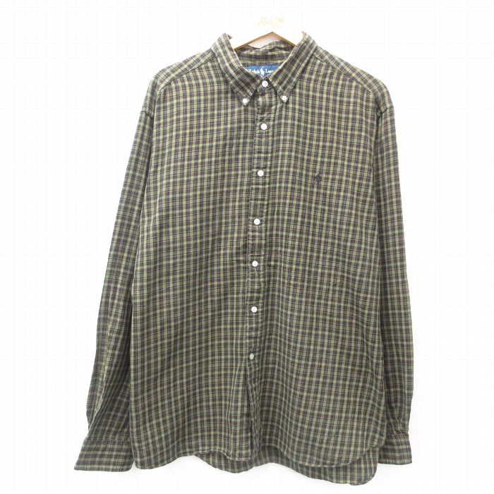 XL★古着 ラルフローレン Ralph Lauren 長袖 ブランド シャツ メンズ 90年代 90s ワンポイントロゴ 大きいサイズ ボタンダウン 濃緑他 グリーン チェック 25jun14 中古 トップス