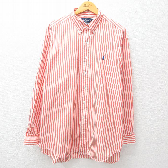 XL★古着 ラルフローレン Ralph Lauren 長袖 ブランド シャツ メンズ 90年代 90s ワンポイントロゴ BLAKE 大きいサイズ コットン ボタンダウン オレンジ他 ストライプ 25jun14 中古 トップス