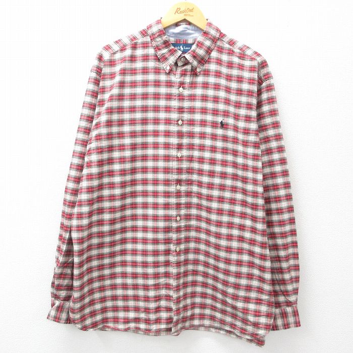 XL★古着 ラルフローレン Ralph Lauren 長袖 ブランド シャツ メンズ 90年代 90s ワンポイントロゴ 大きいサイズ コットン ボタンダウン 赤他 レッド チェック 25jun14 中古 トップス