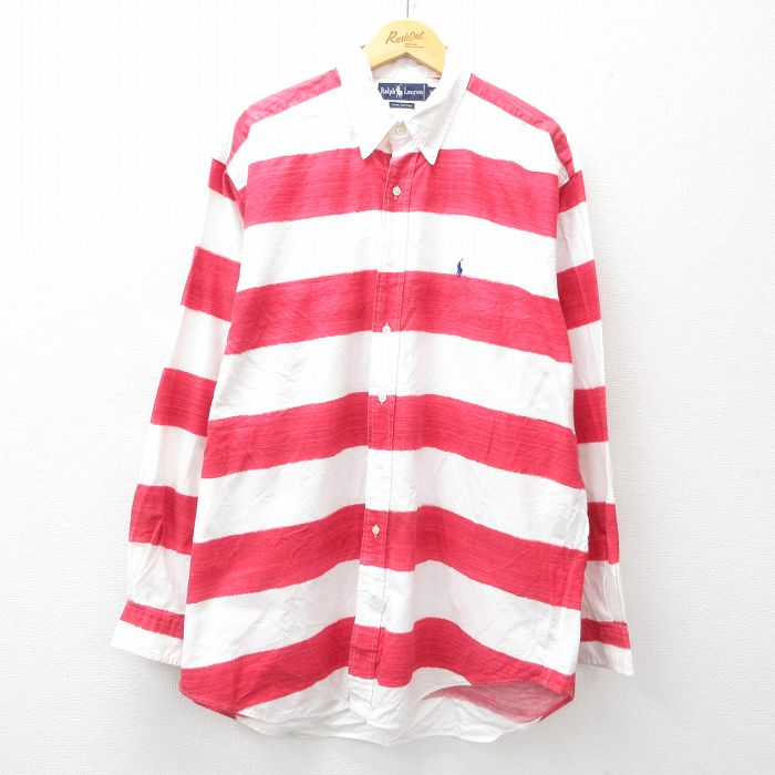 XL★古着 ラルフローレン Ralph Lauren 長袖 ブランド シャツ メンズ 90年代 90s ワンポイントロゴ 大きいサイズ ロング丈 コットン 白他 ホワイト ボーダー 【spe】 25jun14 中古 トップス