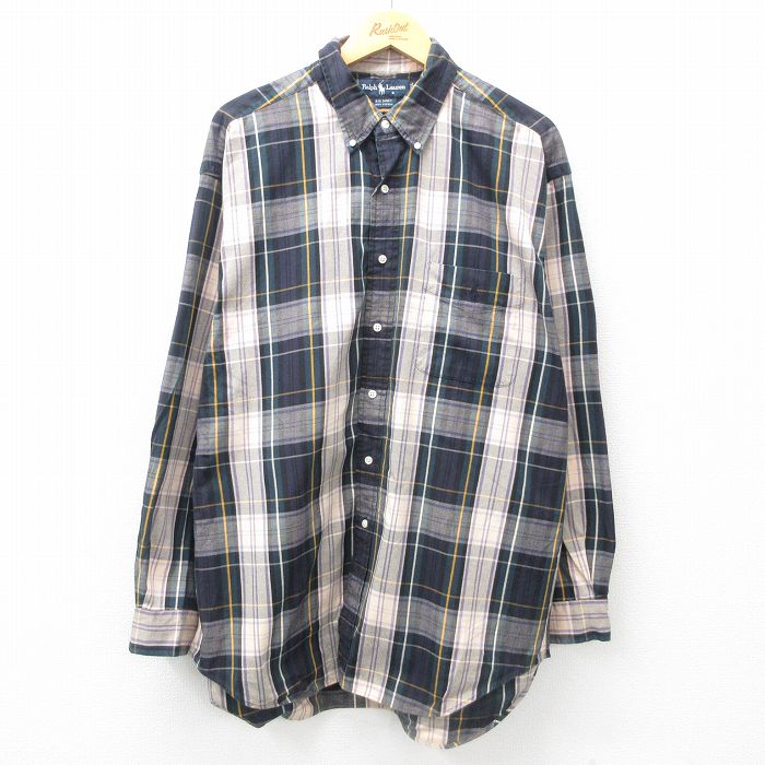 【50%OFF】XL★古着 ラルフローレン Ralph Lauren 長袖 ブランド シャツ メンズ 90年代 90s ワンポイントロゴ BIG SHIRT 大きいサイズ コットン ボタンダウン 緑他 グリーン チェック 【spe】 25jun14 中古 トップス