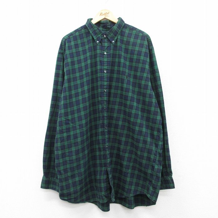 【50%OFF】XL★古着 ラルフローレン Ralph Lauren 長袖 ブランド シャツ メンズ ワンポイントロゴ 大きいサイズ ロング丈 コットン ボタンダウン 緑他 グリーン チェック 25jun14 中古 トップス