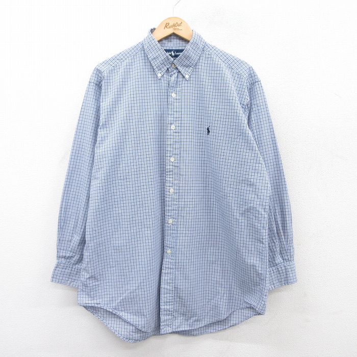 XL★古着 ラルフローレン Ralph Lauren 長袖 ブランド シャツ メンズ 90年代 90s ワンポイントロゴ YARMOUTH ロング丈 コットン ボタンダウン 薄紺他 ネイビー チェック 25jun14 中古 トップス
