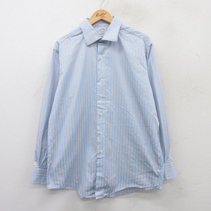 XL★古着 ブルックスブラザーズ BROOKS BROTHERS 長袖 ブランド シャツ メンズ ロング丈 コットン USA製 薄紺他 ネイビー ストライプ 【spe】 25jun14 中古 トップス