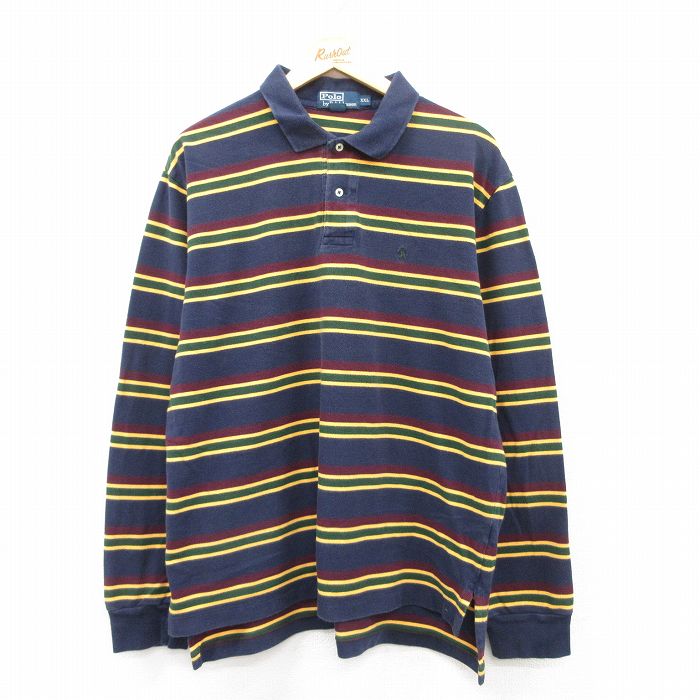 【20%OFF】XL★古着 ラルフローレン Ralph Lauren 長袖 ブランド ポロ シャツ メンズ ワンポイントロゴ 鹿の子 大きいサイズ コットン 紺他 ネイビー ボーダー 25jun14 中古 トップス