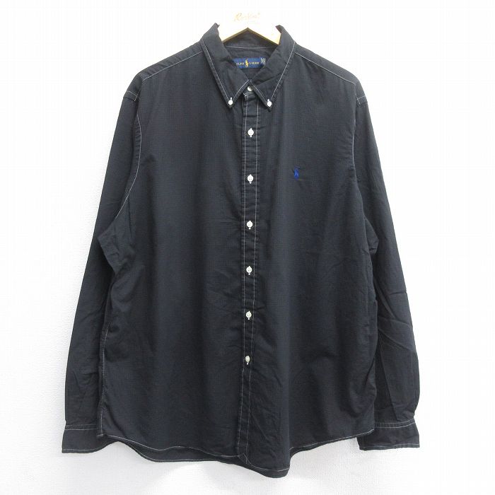 【50%OFF】XL★古着 ラルフローレン Ralph Lauren 長袖 ブランド シャツ メンズ ワンポイントロゴ 大きいサイズ ロング丈 コットン ボタンダウン 黒 ブラック チェック 25jun14 中古 トップス