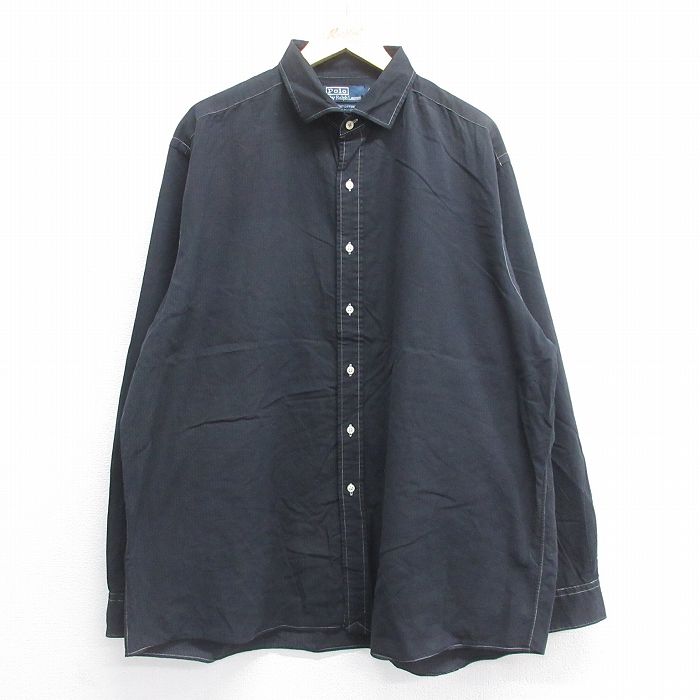 XL★古着 ラルフローレン Ralph Lauren 長袖 ブランド シャツ メンズ 90年代 90s WESTERTON 大きいサイズ ロング丈 コットン 黒 ブラック ストライプ 25jun14 中古 トップス