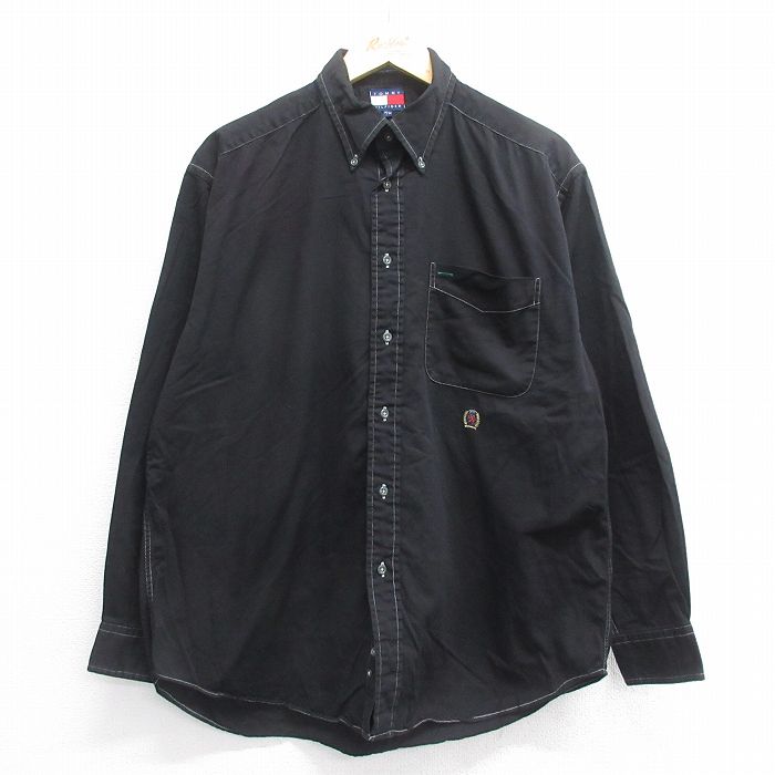 【50%OFF】XL★古着 トミーヒルフィガー TOMMY HILFIGER 長袖 ブランド シャツ メンズ 90年代 90s ワンポイントロゴ オックスフォード コットン ボタンダウン 黒 ブラック 25jun14 中古 トップス