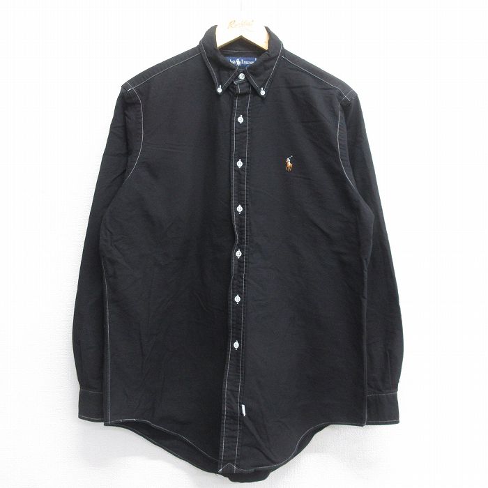 L★古着 ラルフローレン Ralph Lauren 長袖 ブランド シャツ メンズ 90年代 90s ワンポイントロゴ オックスフォード コットン ボタンダウン 黒 ブラック 25jun14 中古 トップス