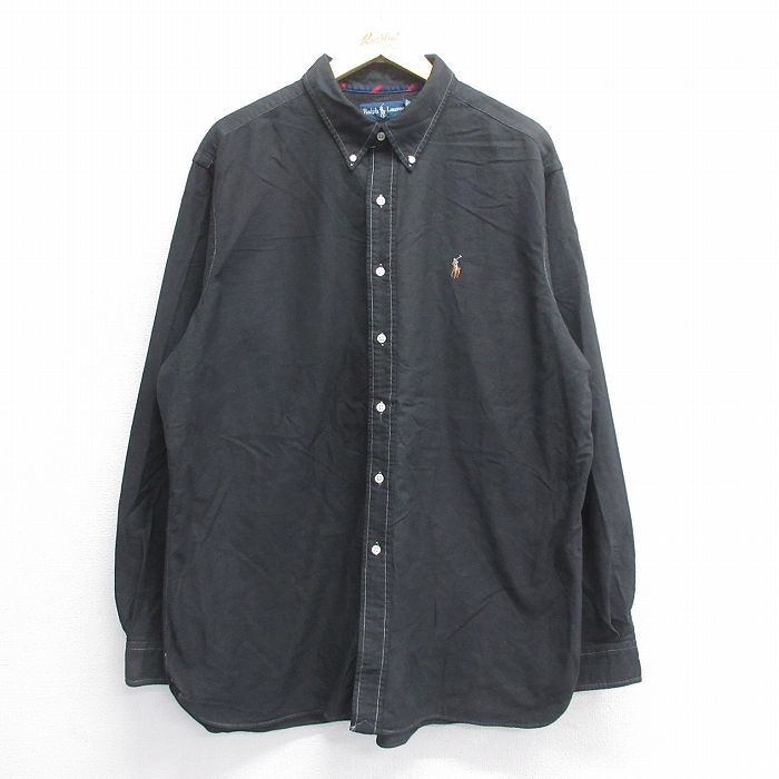 【50%OFF】XL★古着 ラルフローレン Ralph Lauren 長袖 ブランド シャツ メンズ 90年代 90s ワンポイントロゴ 大きいサイズ ロング丈 コットン ボタンダウン 黒 ブラック 25jun14 中古 トップス