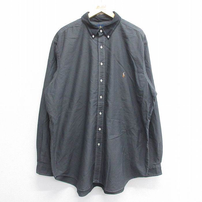 【50%OFF】XL★古着 ラルフローレン Ralph Lauren 長袖 ブランド シャツ メンズ ワンポイントロゴ オックスフォード 大きいサイズ ロング丈 コットン 黒系 ブラック ストライプ 25jun14 中古 トップス