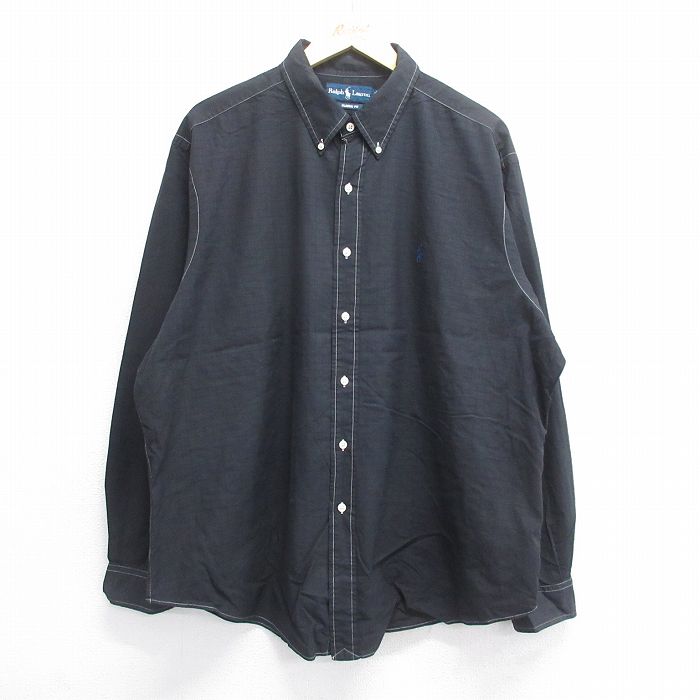 XL★古着 ラルフローレン Ralph Lauren 長袖 ブランド シャツ メンズ 90年代 90s ワンポイントロゴ 大きいサイズ ロング丈 コットン ボタンダウン 黒 ブラック 25jun16 中古 トップス