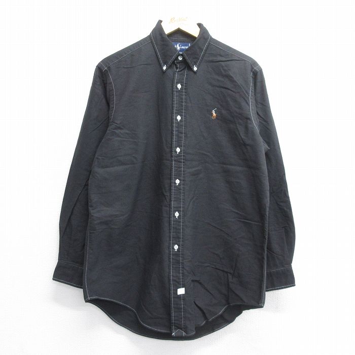 【50%OFF】L★古着 ラルフローレン Ralph Lauren 長袖 ブランド シャツ メンズ 90年代 90s ワンポイントロゴ オックスフォード ロング丈 コットン ボタンダウン 黒 ブラック 25jun16 中古 トップス