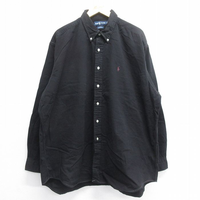 【50%OFF】XL★古着 ラルフローレン Ralph Lauren 長袖 ブランド シャツ メンズ 90年代 90s ワンポイントロゴ BLAKE オックスフォード 大きいサイズ ロング丈 コットン ボタンダウン 黒 ブラック 25jun16 中古 トップス