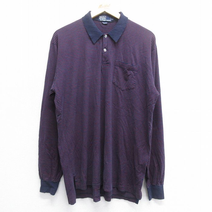 【50%OFF】L★古着 ラルフローレン Ralph Lauren 長袖 ブランド ポロ シャツ メンズ 90年代 90s 裾ロゴ コットン 紺他 ネイビー ボーダー 【spe】 25jun16 中古 トップス