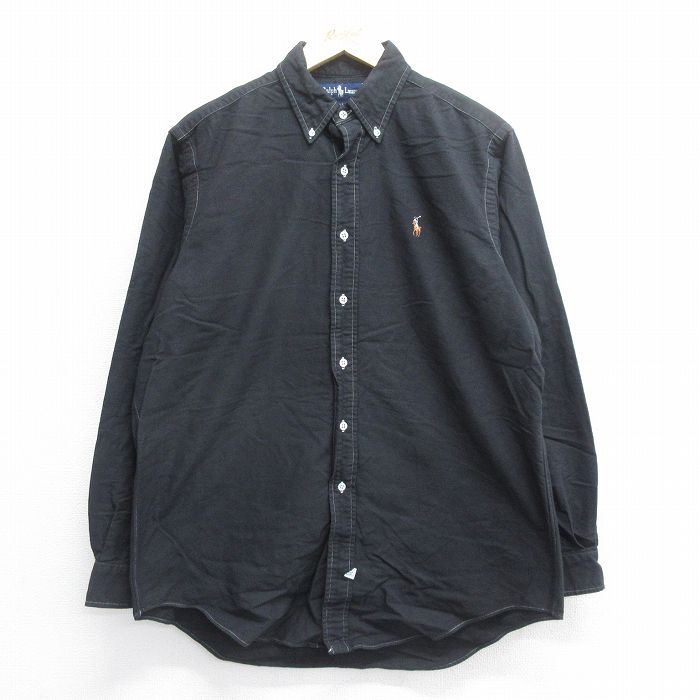 XL★古着 ラルフローレン Ralph Lauren 長袖 ブランド シャツ メンズ 90年代 90s ワンポイントロゴ オックスフォード ロング丈 コットン ボタンダウン 黒 ブラック 25jun16 中古 トップス