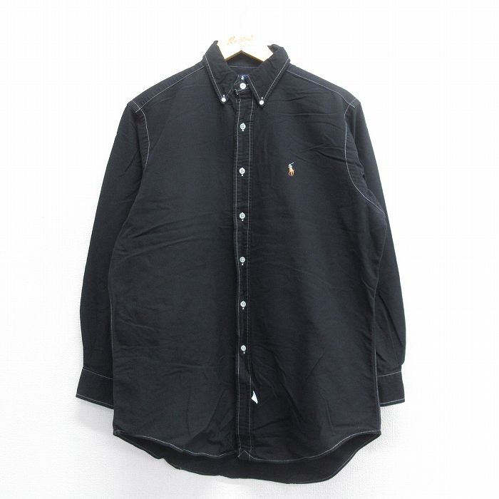 【20%OFF】L★古着 ラルフローレン Ralph Lauren 長袖 ブランド シャツ メンズ 90年代 90s ワンポイントロゴ オックスフォード コットン ボタンダウン 黒 ブラック 25jun16 中古 トップス