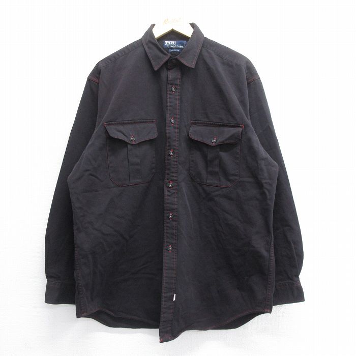 XL★古着 ラルフローレン Ralph Lauren 長袖 ブランド シャツ メンズ 90年代 90s 大きいサイズ ロング丈 コットン 黒 ブラック 25jun16 中古 トップス