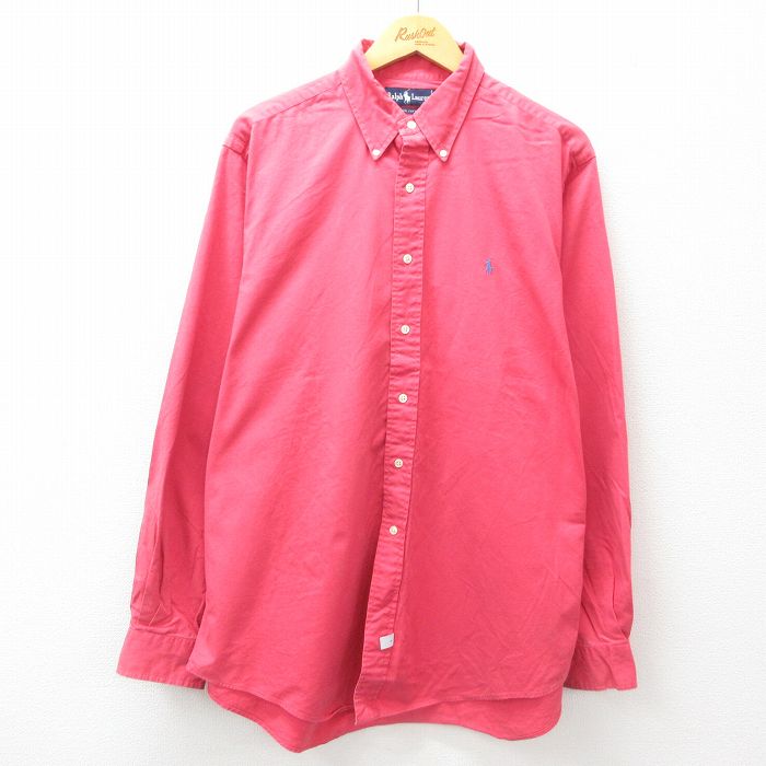 XL★古着 ラルフローレン Ralph Lauren 長袖 ブランド シャツ メンズ 90年代 90s ワンポイントロゴ 大きいサイズ ロング丈 コットン ボタンダウン 濃ピンク系 25jun17 中古 トップス