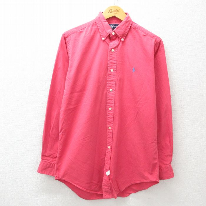 【20%OFF】M★古着 ラルフローレン Ralph Lauren 長袖 ブランド シャツ メンズ 90年代 90s ワンポイントロゴ ロング丈 コットン ボタンダウン 濃ピンク系 25jun17 中古 トップス