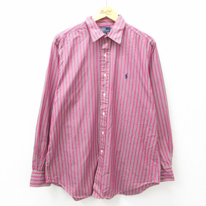 【50%OFF】XL★古着 ラルフローレン Ralph Lauren 長袖 ブランド シャツ メンズ 90年代 90s ワンポイントロゴ ANDREW コットン エンジ系他 ストライプ 25jun17 中古 トップス