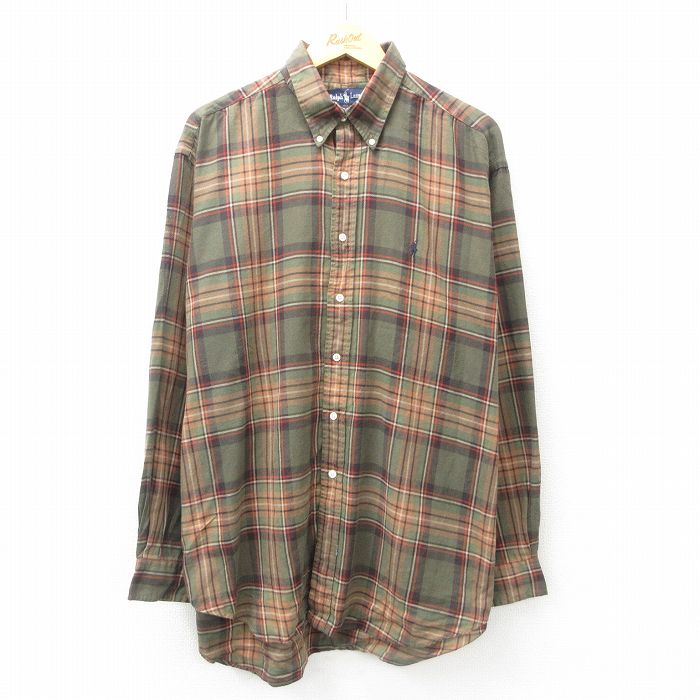 XL★古着 ラルフローレン Ralph Lauren 長袖 ブランド シャツ メンズ 90年代 90s ワンポイントロゴ 大きいサイズ ロング丈 コットン ボタンダウン 濃緑他 グリーン チェック 25jun17 中古 トップス