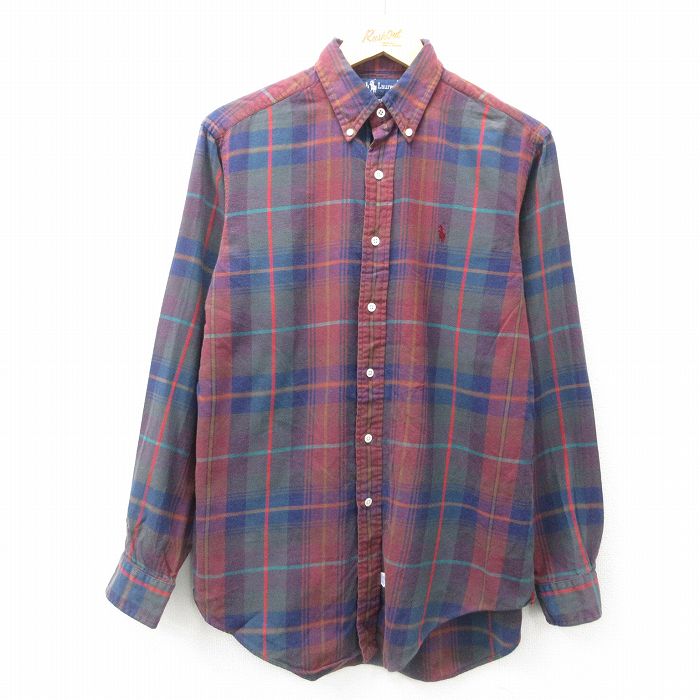 【20%OFF】L★古着 ラルフローレン Ralph Lauren 長袖 ブランド シャツ メンズ 90年代 90s ワンポイントロゴ コットン ボタンダウン エンジ他 チェック 25jun17 中古 トップス