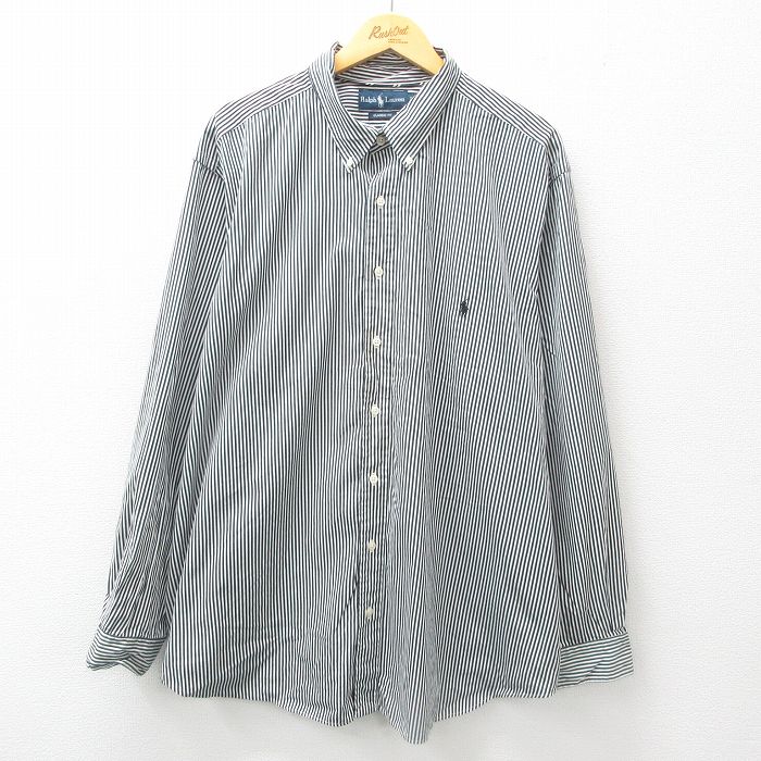 XL★古着 ラルフローレン Ralph Lauren 長袖 ブランド シャツ メンズ 90年代 90s ワンポイントロゴ 大きいサイズ ロング丈 コットン ボタンダウン 黒他 ブラック ストライプ 25jun17 中古 トップス