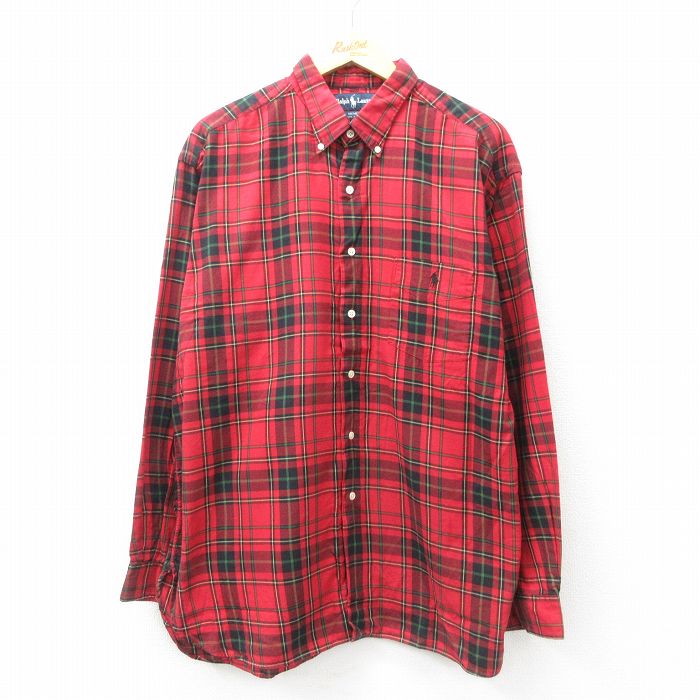 XL★古着 ラルフローレン Ralph Lauren 長袖 ブランド シャツ メンズ 90年代 90s ワンポイントロゴ MCMEEL 大きいサイズ ロング丈 コットン ボタンダウン 赤他 レッド タータン チェック 【spe】 25jun17 中古 トップス