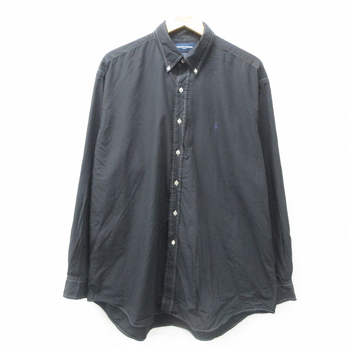 XL★古着 ラルフローレン Ralph Lauren 長袖 ブランド シャツ メンズ 90年代 90s ワンポイントロゴ TILDEN 大きいサイズ ロング丈 コットン ボタンダウン 黒 ブラック 25jun17 中古 トップス
