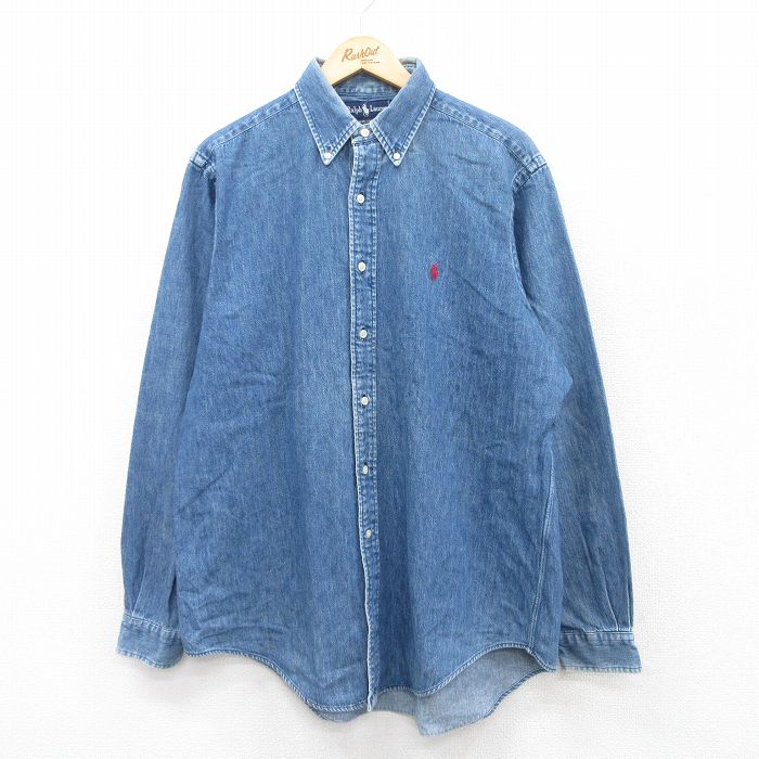 XL★古着 ラルフローレン Ralph Lauren 長袖 ブランド シャツ メンズ 90年代 90s ワンポイントロゴ ロング丈 コットン ボタンダウン 紺 ネイビー デニム 【spe】 25jun17 中古 トップス