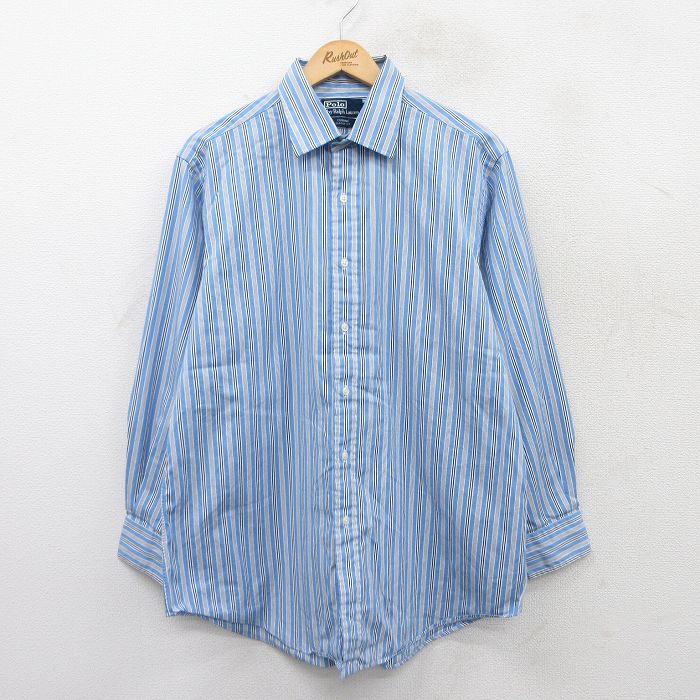 XL★古着 ラルフローレン Ralph Lauren 長袖 ブランド シャツ メンズ 90年代 90s CURHAM ロング丈 コットン 薄紺他 ネイビー ストライプ 25jun17 中古 トップス