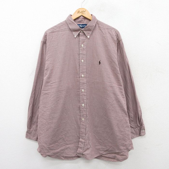 XL★古着 ラルフローレン Ralph Lauren 長袖 ブランド シャツ メンズ 90年代 90s ワンポイントロゴ YARMOUTH 大きいサイズ ロング丈 コットン ボタンダウン 茶他 ブラウン チェック 25jun17 中古 トップス