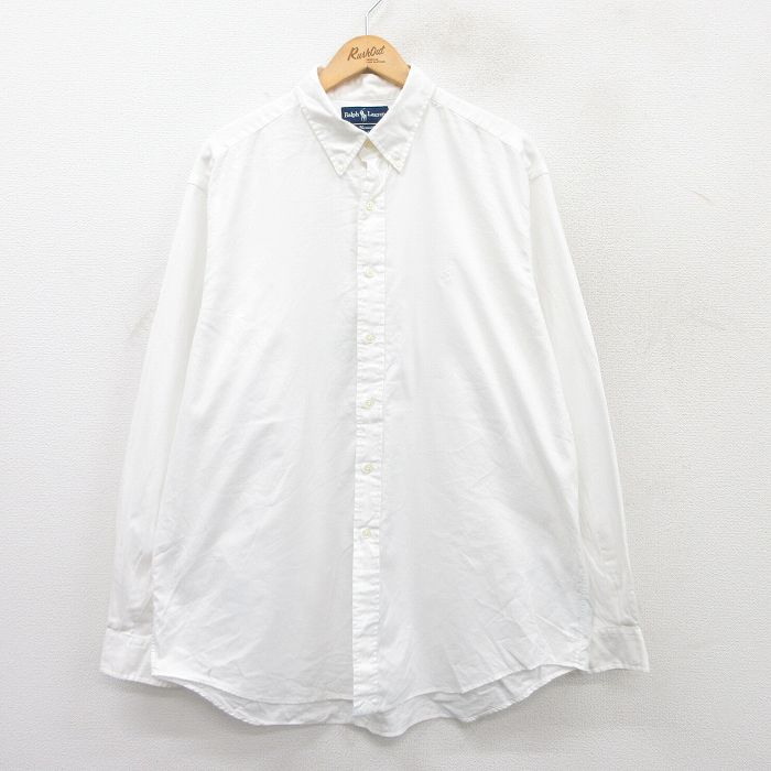 XL★古着 ラルフローレン Ralph Lauren 長袖 ブランド シャツ メンズ 90年代 90s ワンポイントロゴ YARMOUTH 大きいサイズ ロング丈 コットン ボタンダウン 白 ホワイト 25jun17 中古 トップス