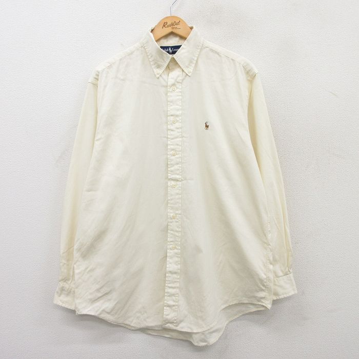 【50%OFF】XL★古着 ラルフローレン Ralph Lauren 長袖 ブランド シャツ メンズ 90年代 90s ワンポイントロゴ オックスフォード YARMOUTH ロング丈 コットン ボタンダウン 薄黄 イエロー 25jun17 中古 トップス